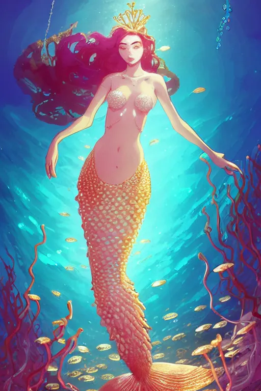Image similar to a beautiful mermaid queen of the ocean in the middle of coral reefs, pearl and gold and crystal jewelry, complex and shiny dress inspired by jellyfish, by ross tran and atey ghailan, by greg rutkowski, by greg tocchini, by james gilleard, by joe fenton, by kaethe butcher, dynamic lighting, grunge aestheti