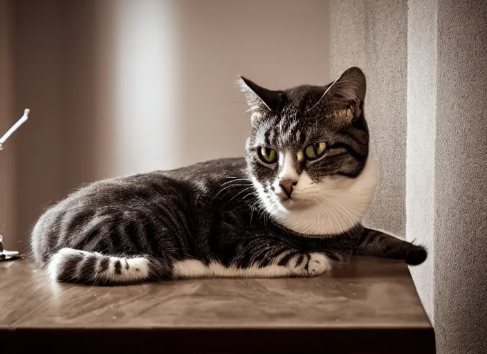 Image similar to photography of a Cat in boots sitting on a table. in a room full of medival things, photorealistic, raining award winning photo, 100mm, sharp, high res