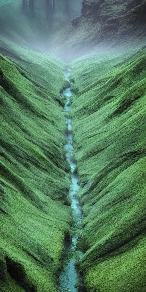 Image similar to dream looking through a hyper realistic photograph of a fertile lush canyon, minimal structure, misty, raining, meditative, icelandic valley, small stream, in the style of reuben wu, roger deakins