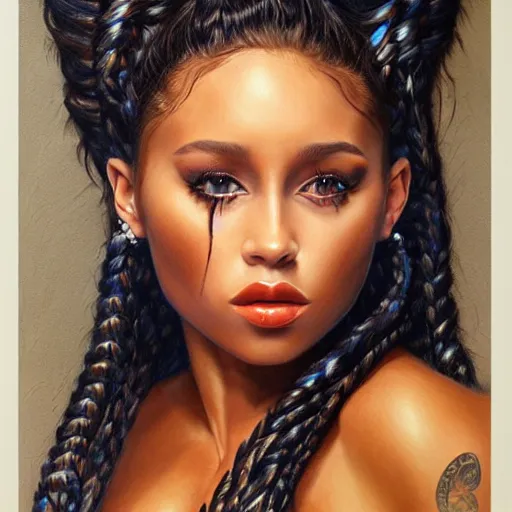 Image similar to pencil art, detailed portrait of doja cat, intricate, hyper detailed, realistic, oil painting, by julie bell, frank frazetta, cinematic lighting