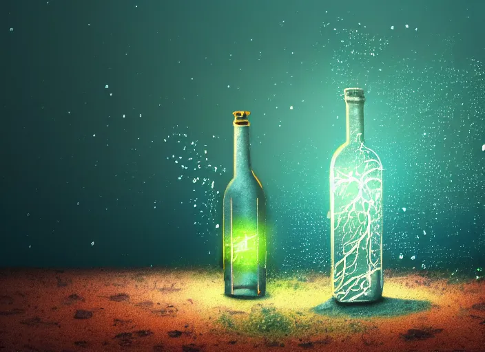 Prompt: bioluminescent neurons floating bottle of broken glass with a dramatic turbulent ocean, fish robots swimming in the ocean, concept artists, backlit, dark background, intricate, indie studio, realistic, rim lighting, flourecent colors, emotional, sketch, realistic, whimsical, noise, stippling