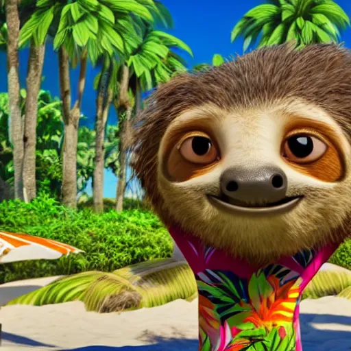 Image similar to sloth wearing a hawaiian shirt and shorts having a drink at the beach with palm trees in the style of the movie zootopia, cinematic, 4 k