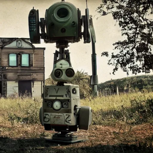 Prompt: a vintage abandoned filmset investigated by curious robobots