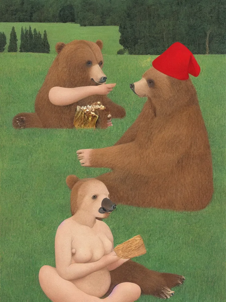 Prompt: A grizzly bear wearing a bright red hat sitting upright while eating a slice of cake outside in a lush green field, pastel colors, long shadows. Painting by Alex Colville, Piero della Francesca