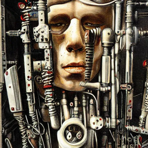 Image similar to i'm machine, i'm obsolete, in the land of the free, lobotomy. beautiful and detailed painting by grislaw ludovek ( 1 9 7 5 ).