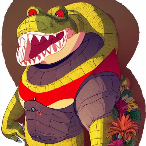 Image similar to in the style of artgerm, loish and ross tran, anthropomorphic alligator, red scales on his back, yellow scale on his belly and chest, male, waring a hawaiian shirt, in the style of zootopia