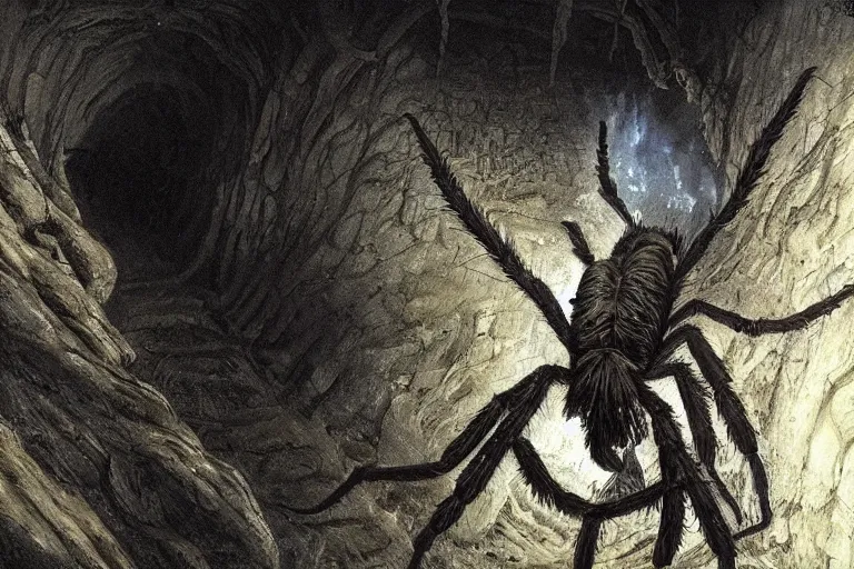 Image similar to a close - up photo of a monstrous tarantula in a dark foreboding tunnel, with cobwebs, in the style of john howe, dramatic lighting, atmospheric, low angle, wide angle, hyper - realistic, highly detailed, trending on artstation