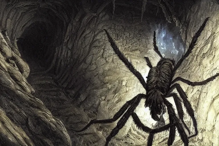 Prompt: a close - up photo of a monstrous tarantula in a dark foreboding tunnel, with cobwebs, in the style of john howe, dramatic lighting, atmospheric, low angle, wide angle, hyper - realistic, highly detailed, trending on artstation