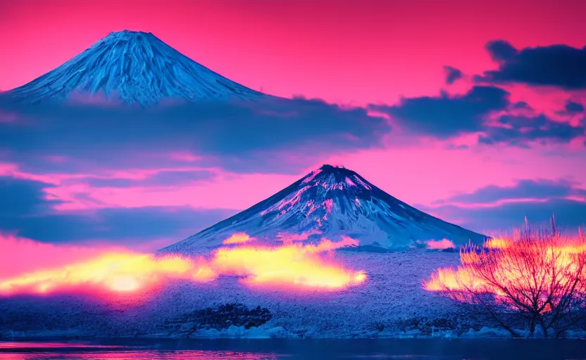 Prompt: professional photo of a snow topped volcano lit by the sunset, lotus flowers on the water, artstation, smooth light