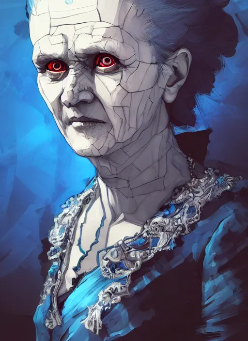 Prompt: half body portrait of a marie curie in an elaborate cracked mask and ornate pale blue dress, gray hair, red eyes. in style of yoji shinkawa and hyung - tae kim, trending on artstation, dark fantasy, great composition, concept art, highly detailed, dynamic pose, vibrant colours.