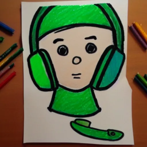 Image similar to crayon drawing of a kid with green headphones drawn by a 6 year old, photorealistic