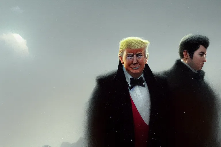 Image similar to Portrait of Trump and Biden , dark makeup, dark crown with magical ruby, painting by Studio Ghibli, Ivan Aivazovsky and Greg Rutkowski, artstation, fantasy, intricate, beautiful, cinematic, octane render, arnold render, 8k, hyper realism, detailed, sharp focus, 4k uhd, masterpiece, award winning