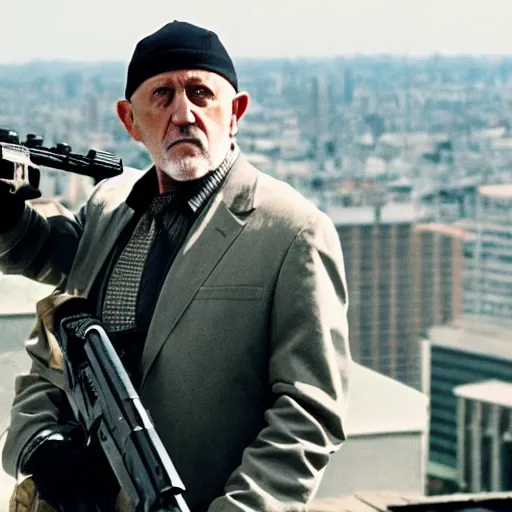 Image similar to film still of mike ehrmantraut aiming with a sniper rifle on a rooftop, 4 k, highly detailed