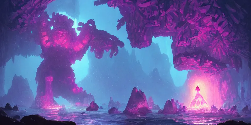 Prompt: giant crystal golem, d & d 5 e creature, bright pink purple lights, underwater, watery caverns, art by greg rutkowski