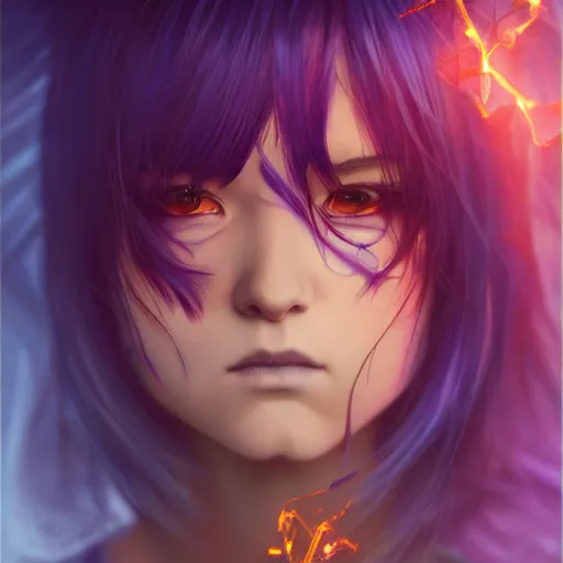 Image similar to rimuru tempest from tensura holding purple fire in her palm, with amber eyes of golden colored eyes, straight hair, sky blue hair, long bangs, award winning photography, cinematic, digital painting, cinematic, wlop, 8 k, by ross tran, tom bagshaw