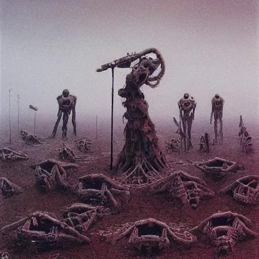 Prompt: death grips, dj ride, playing a concert in a desolate brutalist wasteland, painted by zdzislaw beksinski