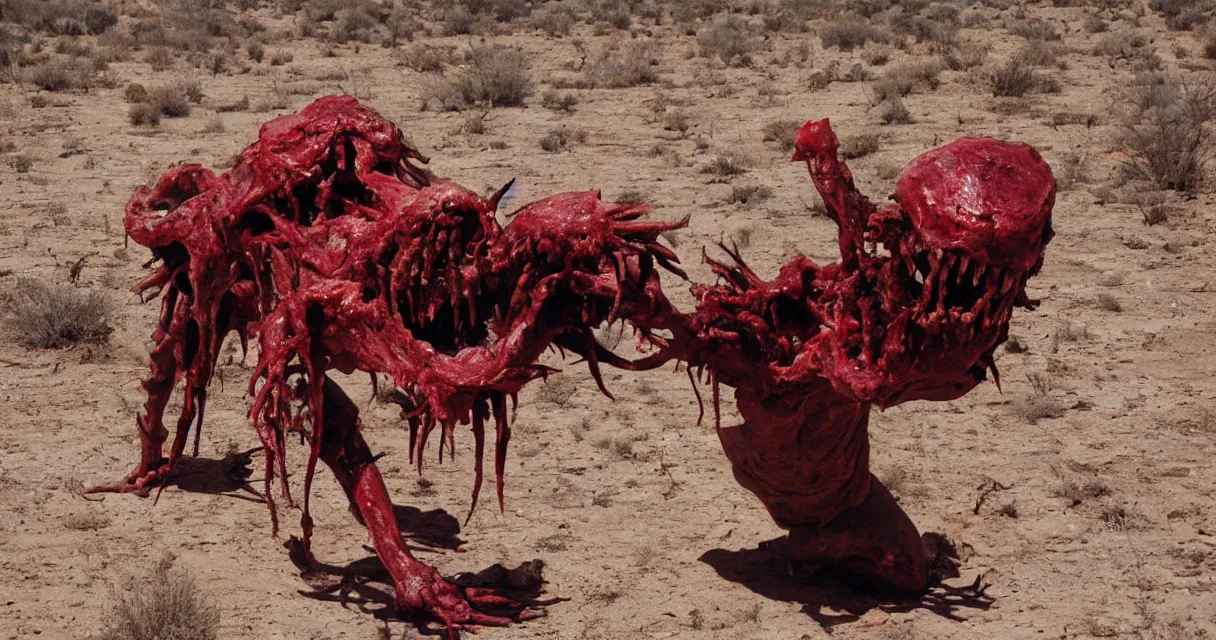 Image similar to in the desert a bloody gross horrifying The Thing creature made of muscle and bone and blood stares at the camera, eating, mid day, 35mm photography, realistic,