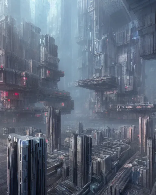 Prompt: dystopian mega city, neo-brutalist buildings, by Leon Tukker, Makoto Kobayashi, 8k high detail, masterpiece, trending on ArtStation