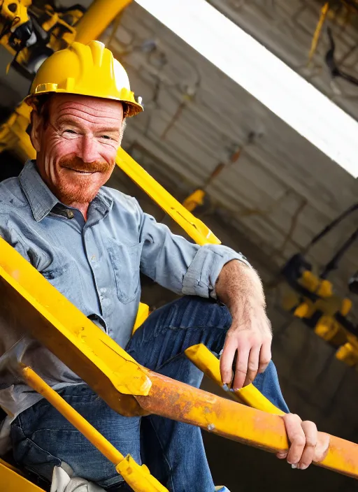 Image similar to closeup portrait of cheerful bryan cranston operating a crane, sitting in a crane, yellow hardhat, sitting in a crane, natural light, bloom, detailed face, magazine, press, photo, steve mccurry, david lazar, canon, nikon, focus