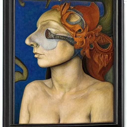 Image similar to the factory queen in her bird mask, by annie swynnerton and diego rivera and lucien freud and jean delville, symbolist, dramatic lighting, elaborate geometric ornament, head and shoulders view, art brut, soft pastel colors, smooth, sharp focus, extremely detailed, adolf wolfli, leo and diane dillon, nicholas roerich