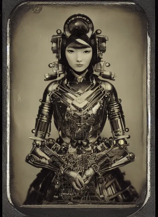 Prompt: old wetplate daguerreotype portrait of a futuristic silver armored geisha cyborg, fractal, intricate, elegant, highly detailed, parallax, leica, medium format, subsurface scattering, by jheronimus bosch and greg rutkowski and louis jacques mande daguerre