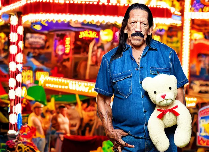 Image similar to photo still of danny trejo at the county fair!!!!!!!! at age 5 6 years old 5 6 years of age!!!!!!!! holding a teddy bear he won, 8 k, 8 5 mm f 1. 8, studio lighting, rim light, right side key light