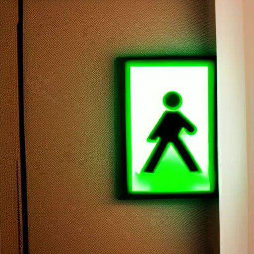 Prompt: a green glowing exit sign in the backrooms