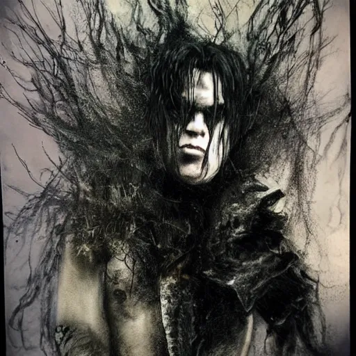 Image similar to stunning portrait of gaunt glenn danzig a ( the cure fan ) as dream from sandman, dim stars as eyes, by jeremy mann, by cedric peyravernay, by by russ mills, by richard avedon and ben templesmith, dramatic lightning, sadness, dark eye sockets, in the shadows, punk rock, gothic, high detailed, 8 k