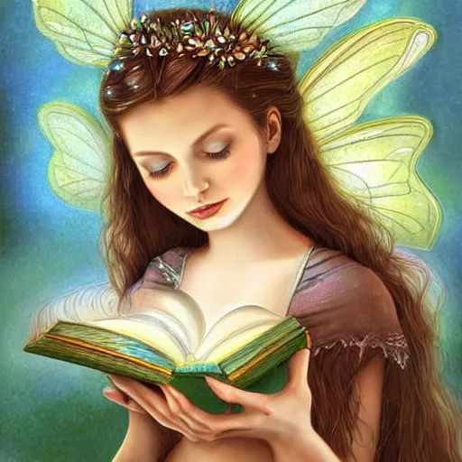 Prompt: a very beautiful fairy with a beautiful detailed face, the fairy flies above a opened book, digital painting, fantasy art