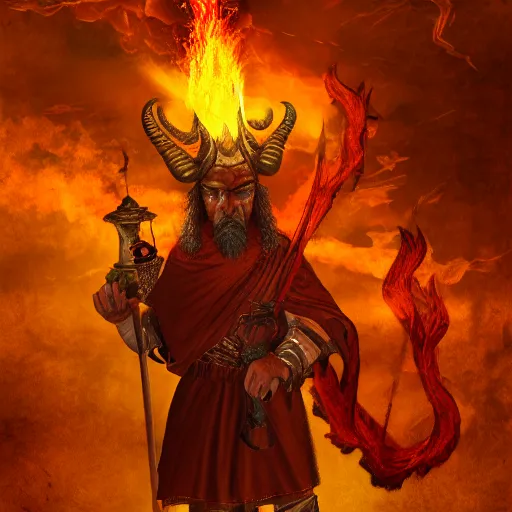 Prompt: ram horned monk brings fire down from the sky, medieval style, highly detailed, digital painting, volumetric light, 8k