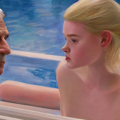 Image similar to Elle Fanning and Dr. Anthony Fauci at the pool at night, head and shoulders portrait, stormy weather, extremely detailed masterpiece, Roger Deakin’s cinematography, oil on canvas, Edward Hopper,