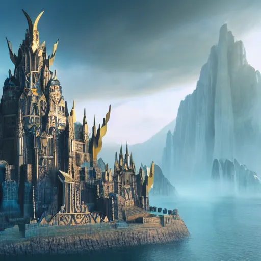 Image similar to an asgardian palace in a golden fantasy sci fi luxurious city with cerulean oceansides, scandinavian / norse influenced, cinematic, ray traced, octane render, cinematic lighting, ultrarealistic, featured on artstation, 8 k uhd artwork