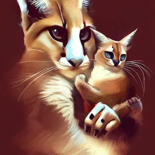 Image similar to Ryan Gosling holds a caracal cat in his hands, ultra highly detailed, smooth, sharp focus, digital art, digital painting, fan art, elegant, artstation