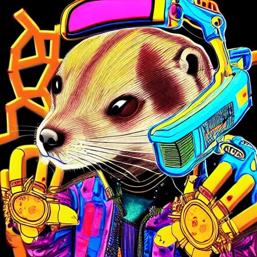 Prompt: very beautiful maximalist portrait painting of a weasel with a chainsaw in a blend of manga - style art, augmented with vibrant composition and color, all filtered through a cybernetic lens, by hiroyuki mitsume - takahashi, pastel colors