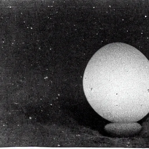 Prompt: an early 1 9 0 0 s photograph of an alien peeking out from a levitating luminescent alien egg on the beach, moonlight, at nighttime,