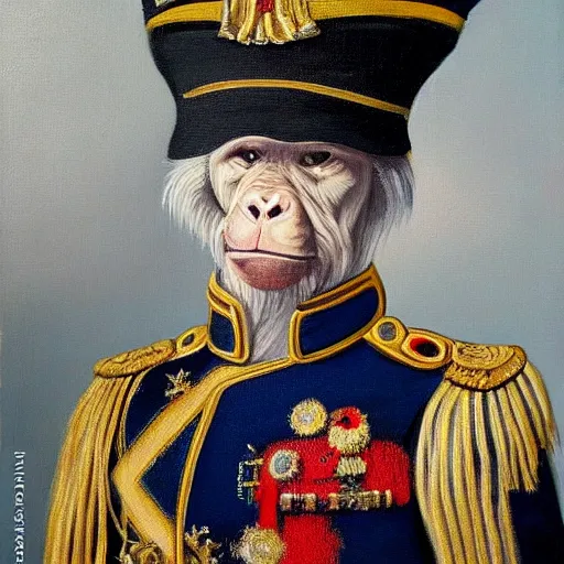 Prompt: An exquisite modern painting of an albino chimpanzee dressed like a bearded Napoleon with correct military uniform, no frames