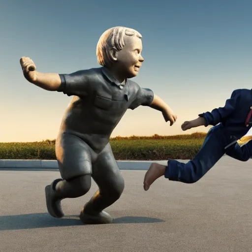 Image similar to a statue of joe biden chasing a child, octane render, 3 d render, 4 k, hyper realistic, super detailed.