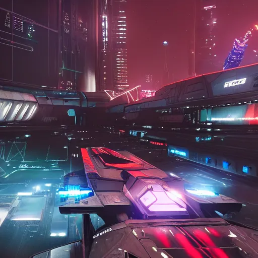 Prompt: star citizen spaceship flying through dark dystopian city, neon electronic billboards, digital signs, rendered in Lumion Pro, Autodesk Solidowkrs Visualize, Maya, and Cinema 4D by Iwan Baan, Greg Rutkowski, Ted Gore, Dustin Lefevre, and Jaya Su Berg, trending on artstation, cgsocciety r/art