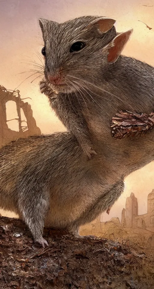 Image similar to close - up selfie shot of dwarf fat - tailed jerboa with rusty broken building constructions of a giant staircase for multiple cases, leading to the sky, the ruins, in the steppe, autumn field, misty background, from the game pathologic 2, highly detailed, sharp focus, matte painting, by isaac levitan and asher brown durand,