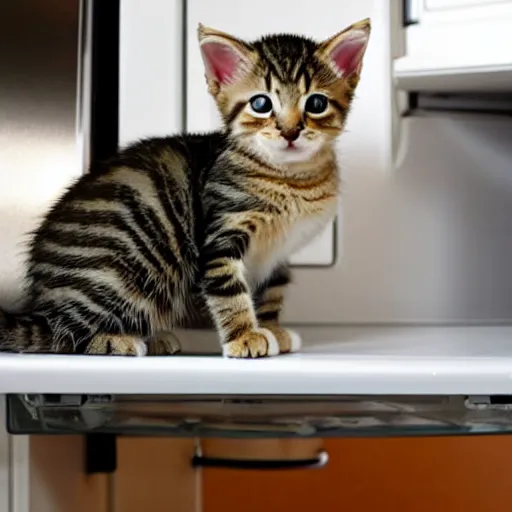 Image similar to a tabby kitten on top of a fridge in the kitchen