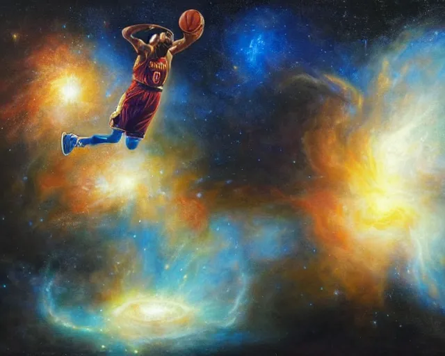 Image similar to cosmic basketball player dunking in a nebula, an oil painting, by ( leonardo da vinci ) and greg rutkowski and rafal olbinski ross tran airbrush time magazine