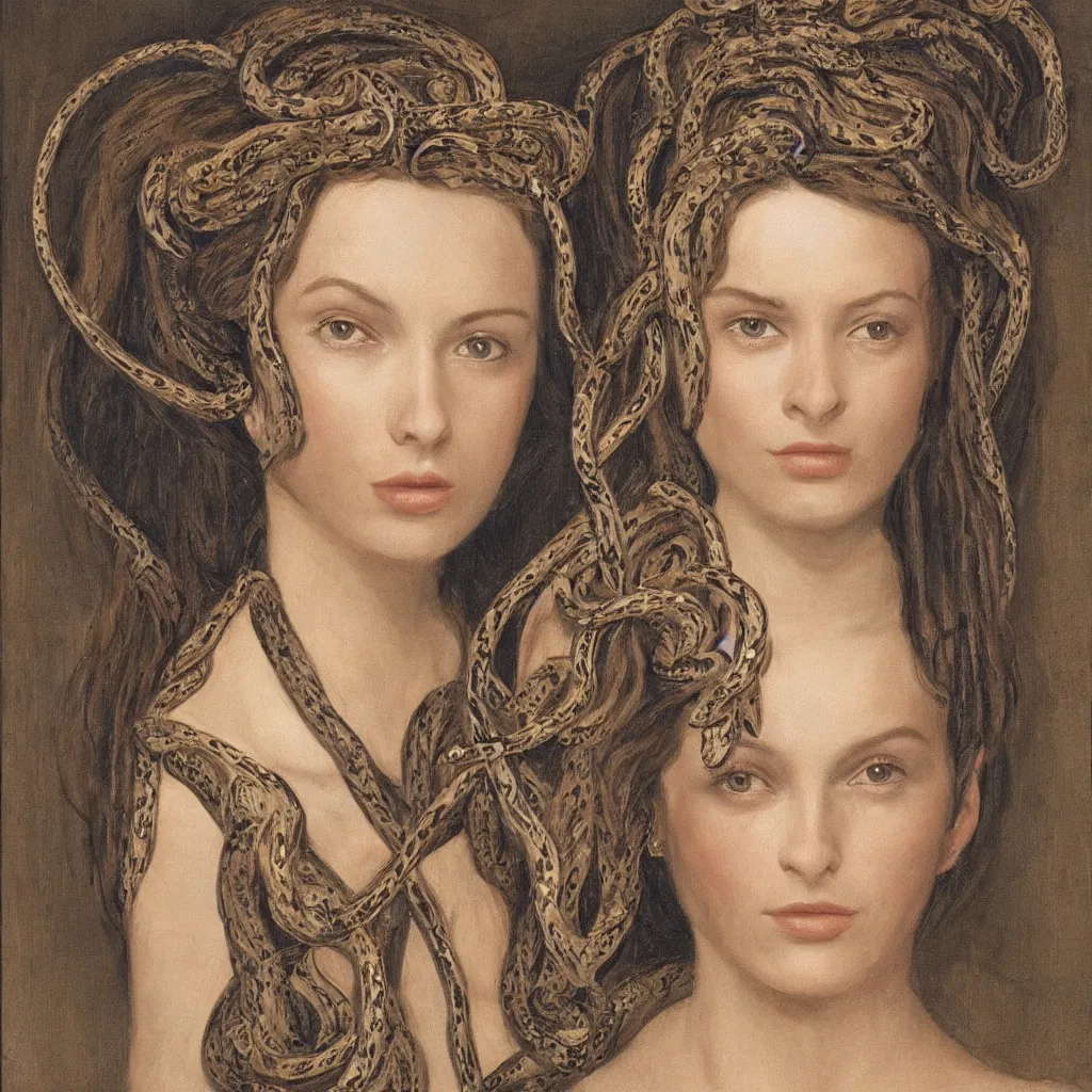 Prompt: Symmetrical portrait of a beautiful woman with snakes in her hair