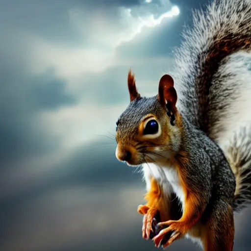 Image similar to a squirrel with thor outfit ~ mid air ~ dramatic thunder background ~ trending ~