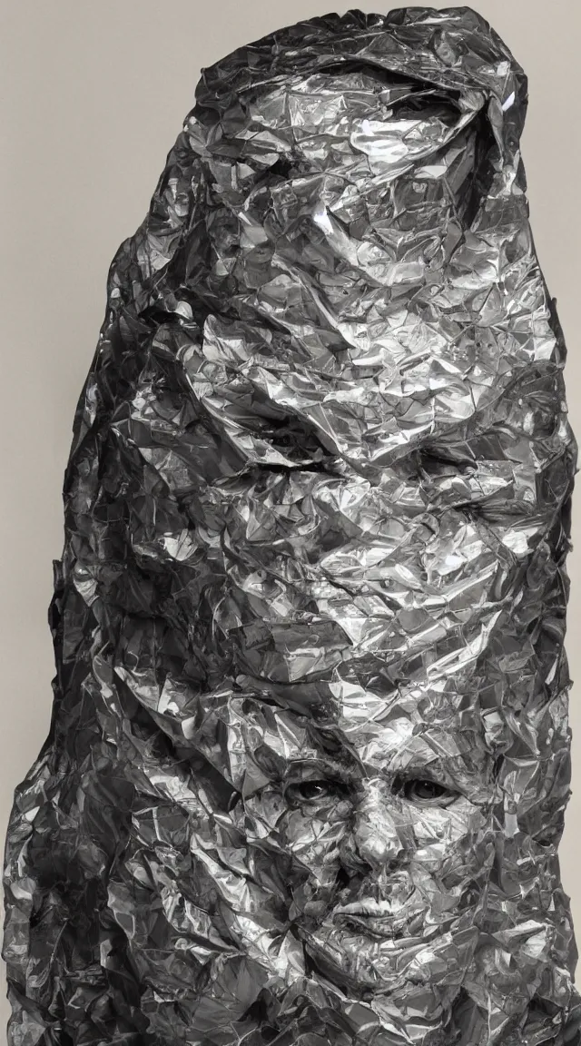 Prompt: a studio portrait of a head completely wrapped in duct tape.