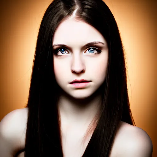 Image similar to beautiful young woman with long straight dark hair, pale skin, brown eyes portrait, photograph, intricate complexity, rule of thirds, dramatic lighting dark background