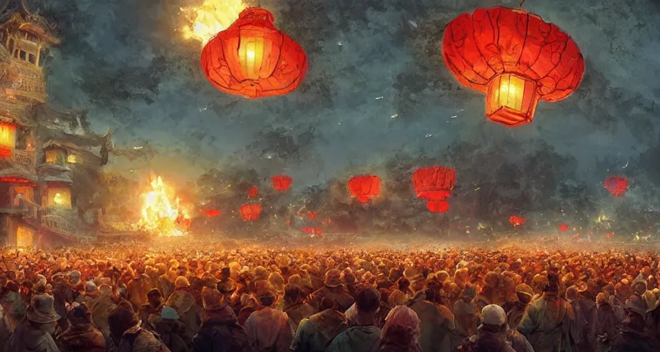 Prompt: craig mullins and ghibli digital art of zhongyuan festival in china ， lanterns ， unreal hell door with fire in the sky, black night sky, stars, below is the crowd, rivers, villages ， unreal engine, hyper realism, realistic shading, cinematic composition, realistic render, octane render, detailed textures, photorealistic, wide shot