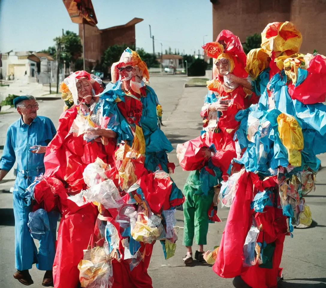 Image similar to a martin parr photo of a grandpa couple, wearing weird trash costumes, fujifilm velvia 5 0