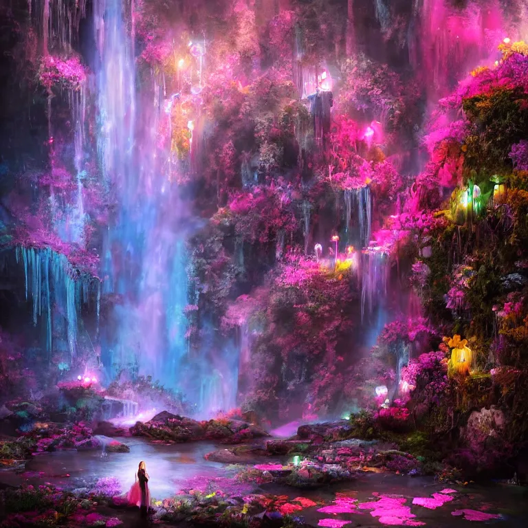 Image similar to oil painting, rich deep colors masterpiece, waterfall, night lights, gray, pink, ultra detailed, beautiful fantasy cave scene, contrast, firefly lights, neon drops, neon stones, redheaded flower girl and dress made of fresh flowers, volumetric light, neon signs, atmospheric lighting, dramatic, cinematic, steampunk, moody, octane render 4 k, 8 k