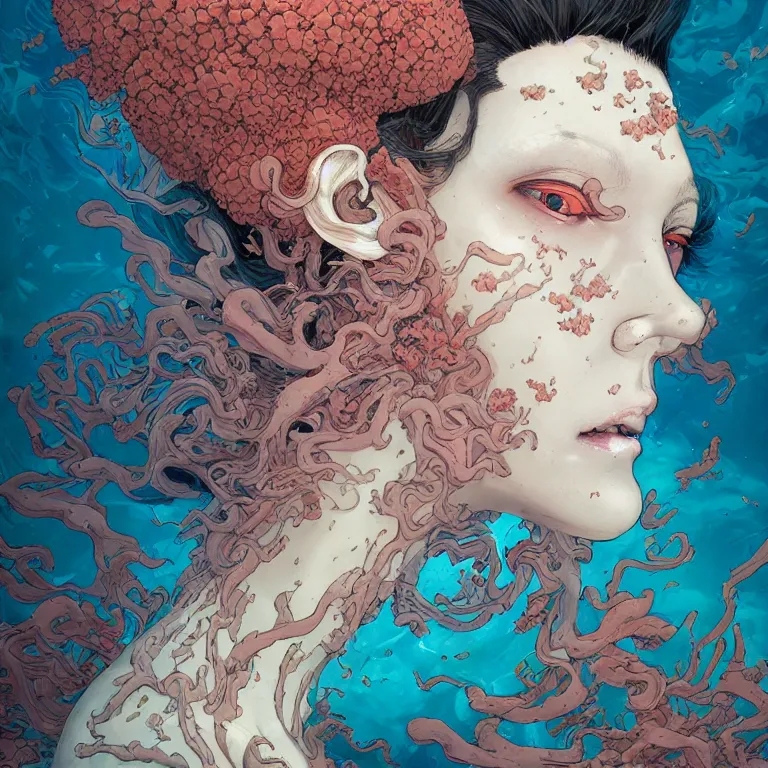 Image similar to woman with coral reef hair portrait soft light painted by james jean and katsuhiro otomo and erik jones, inspired by akira anime, smooth face feature, intricate oil painting, high detail illustration, sharp high detail