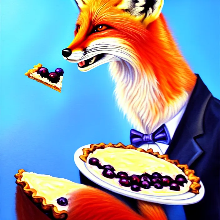 Image similar to a painting of a photorealistic anthropomorphic male red fox in a nice suit eating a slice of blueberry pie, oil on canvas, soft lighting, vivid colors